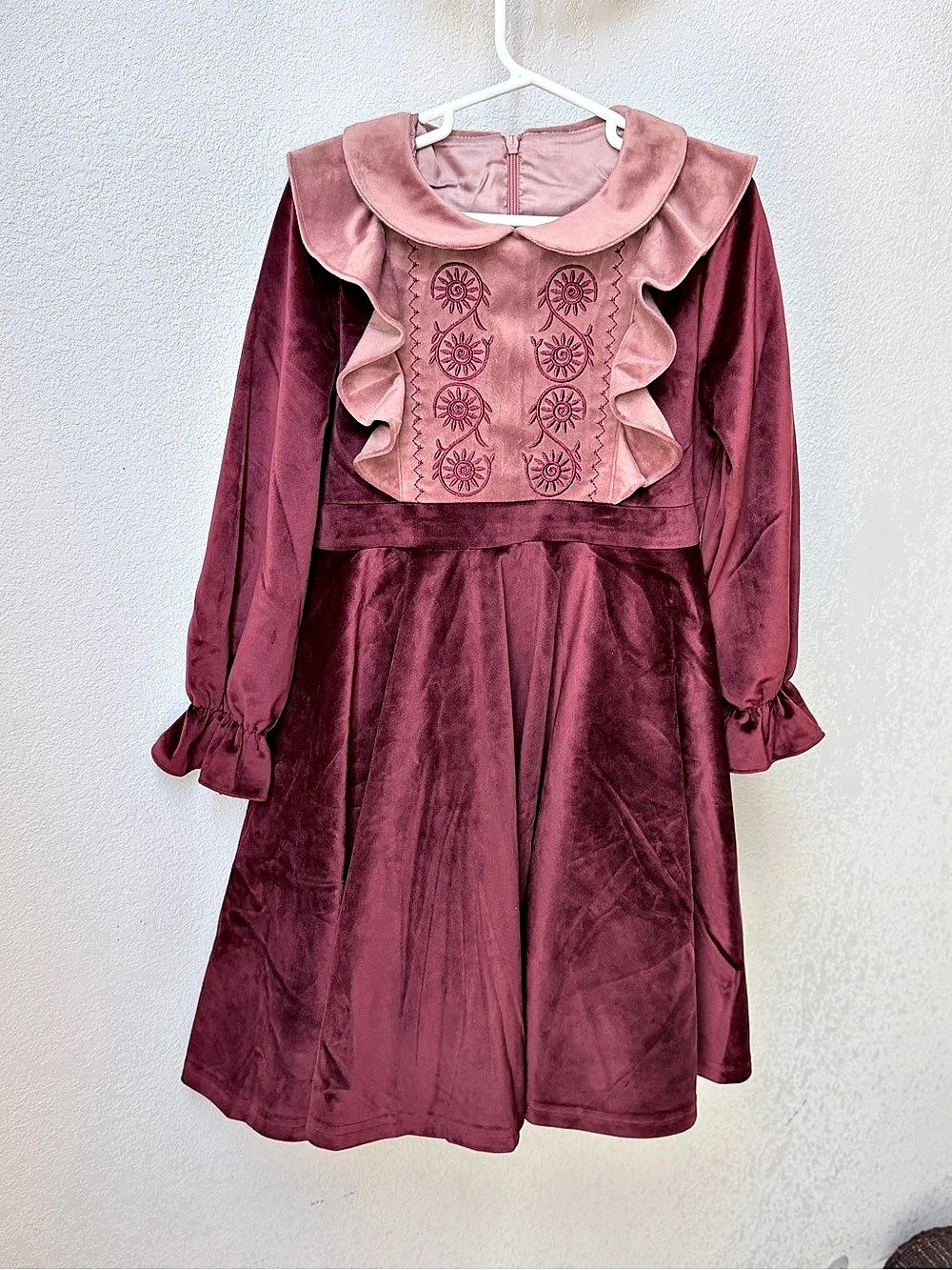Girls Floral Collared Velvet-Style Christmas Dress